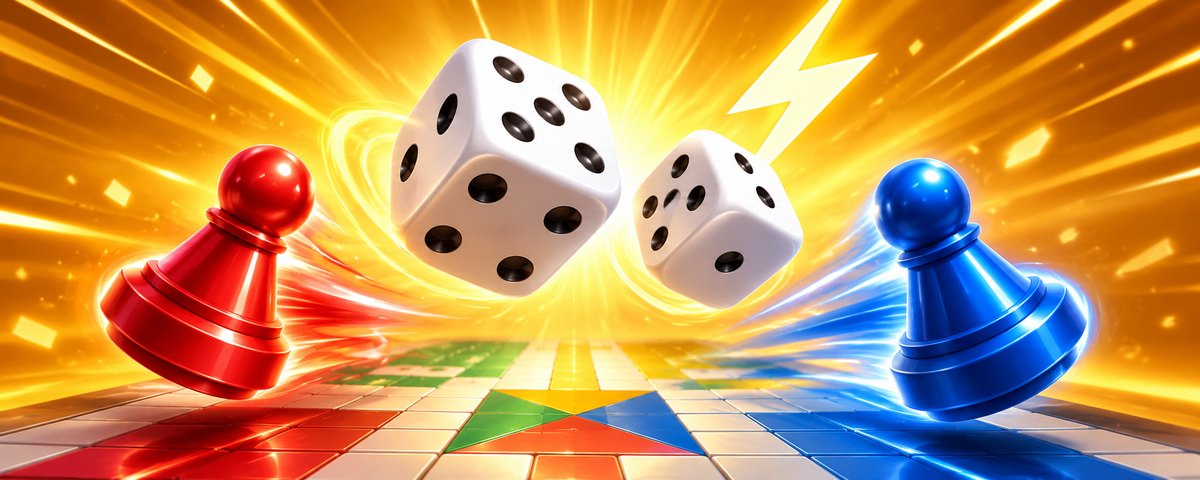 Two dice tumbling with speed streaks between a red and a blue token