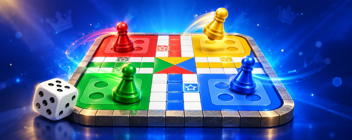 A four-colour Ludo board with red, green, yellow and blue tokens and a die