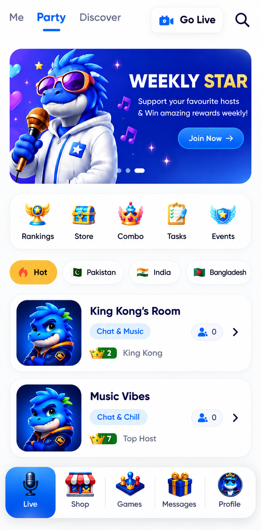 Live rooms where players gather and chat