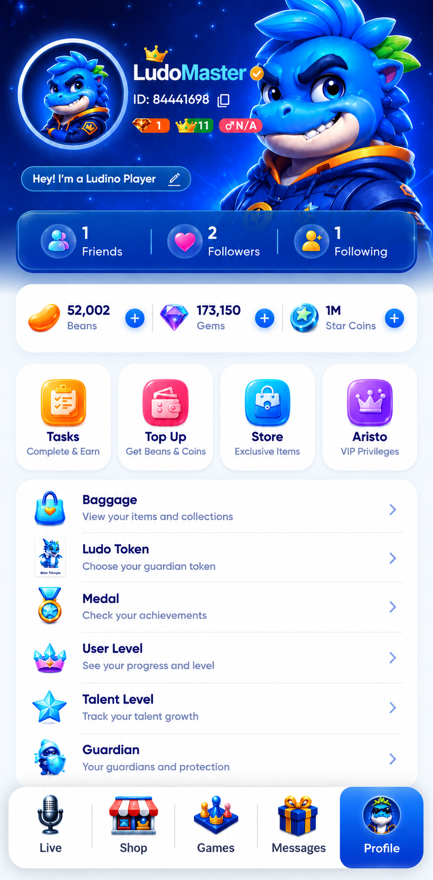 Player profile with tokens and medals